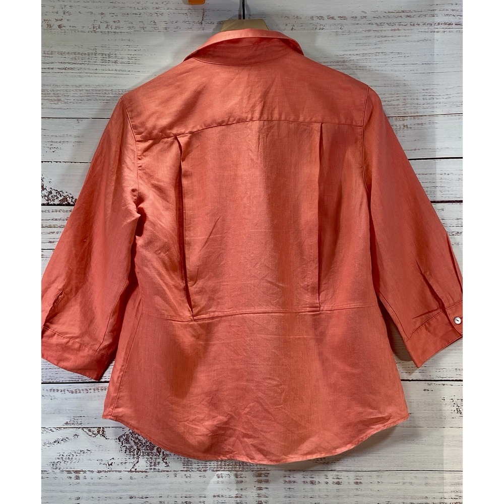 Richard Malcolm Women Orange 100% Irish Linen Blouse Button 1/4 Sleeve | LARGE - Picture 3 of 4